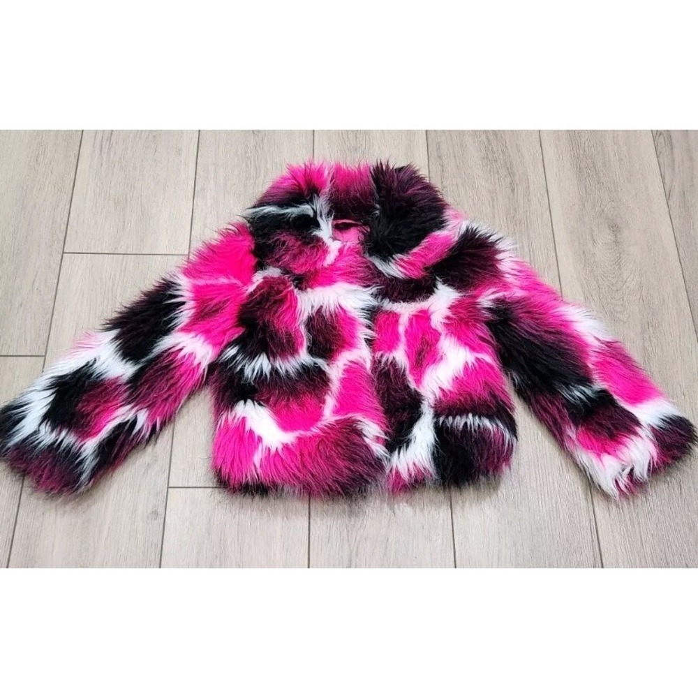 Cat & Jack Monster Eyes Pink Black White Fuzzy Faux Fur Coat‎ Snaps Girls XS 4/5